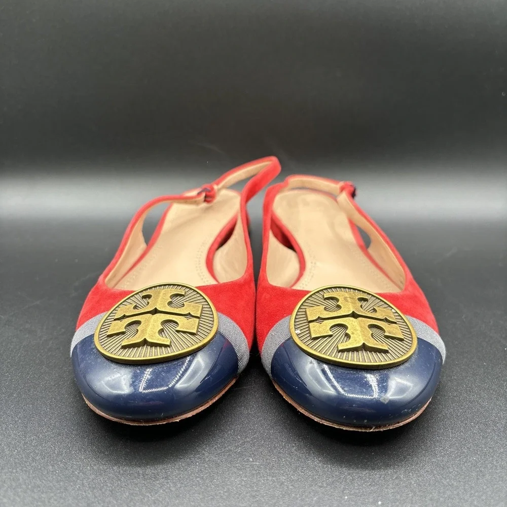 Tory Burch Alastair Slingback Heels Women's 7.5 Red Suede Classic Logo Medallion